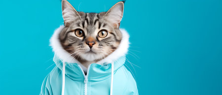 Funny winter cat wearing sunglasses and hoodie on background.の素材