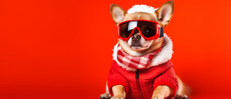 cool winter dog in jacket and sunglasses on background with copy space winter holiday conceptの素材