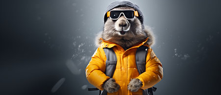Portrait of a marmot wearing a ski suit and goggles on a copy space background.の素材