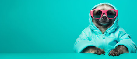 Portrait of a marmot wearing a ski suit and goggles on a copy space background.の素材