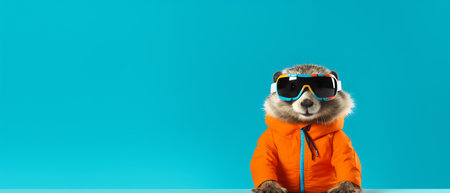 Portrait of a marmot wearing a ski suit and goggles on a copy space background.の素材