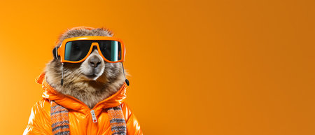 Portrait of a marmot wearing a ski suit and goggles on a copy space background.の素材