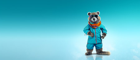 Portrait of a marmot wearing a ski suit and goggles on a copy space background.の素材