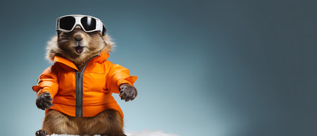 Portrait of a marmot wearing a ski suit and goggles on a copy space background.の素材