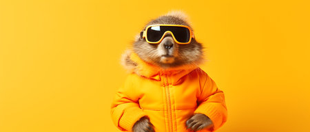 Portrait of a marmot wearing a ski suit and goggles on a copy space background.の素材