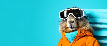 Portrait of a marmot wearing a ski suit and goggles on a copy space background.の素材