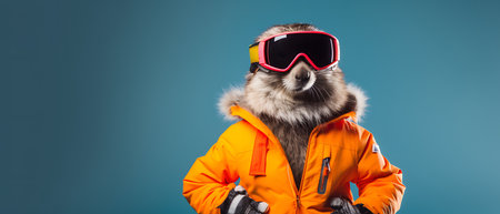 Portrait of a marmot wearing a ski suit and goggles on a copy space background.の素材