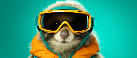 Portrait of a marmot wearing a ski suit and goggles on a copy space background.の素材