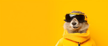 Portrait of a marmot wearing a ski suit and goggles on a copy space background.の素材