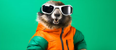 Portrait of a marmot wearing a ski suit and goggles on a copy space background.の素材