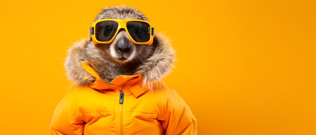 Portrait of a marmot wearing a ski suit and goggles on a copy space background.の素材