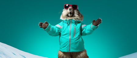 Portrait of a marmot wearing a ski suit and goggles on a copy space background.の素材