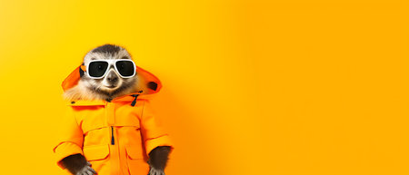 Portrait of a marmot wearing a ski suit and goggles on a copy space background.の素材