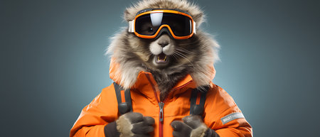 Portrait of a marmot wearing a ski suit and goggles on a copy space background.の素材