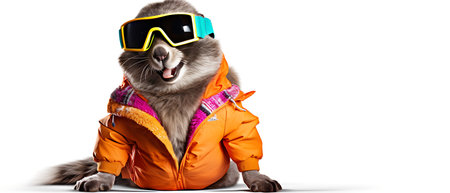 Portrait of a marmot wearing a ski suit and goggles on a copy space background.の素材