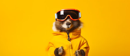 Portrait of a marmot wearing a ski suit and goggles on a copy space background.の素材