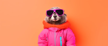 Portrait of a marmot wearing a ski suit and goggles on a copy space background.の素材