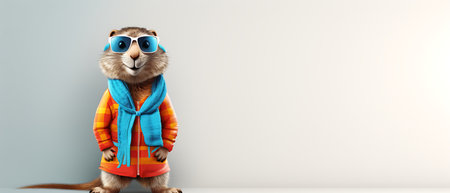 Portrait of a marmot wearing a ski suit and goggles on a copy space background.の素材