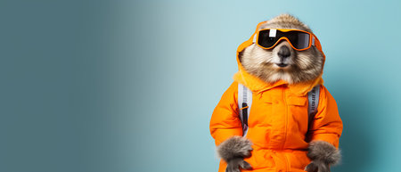 Portrait of a marmot wearing a ski suit and goggles on a copy space background.の素材