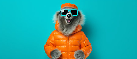 Portrait of a marmot wearing a ski suit and goggles on a copy space background.の素材