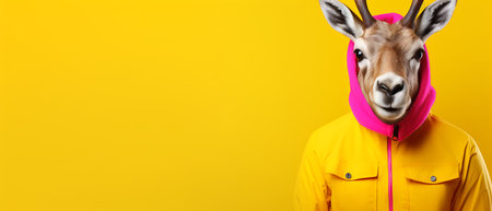 Funny kangaroo wearing a hoodie and sunglasses on a yellow backgroundの素材