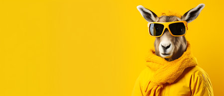 Portrait of a funny winter ibex wearing sunglasses and winter jacket. with copy spaceの素材