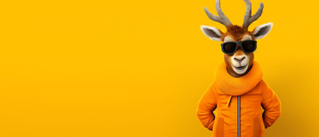 Funny kangaroo wearing a hoodie and sunglasses on a yellow backgroundの素材