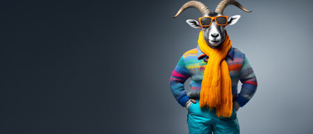 Funny kangaroo wearing a hoodie and sunglasses on a yellow backgroundの素材