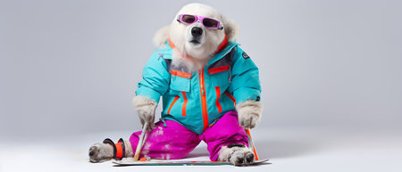 Funny polar bear wearing sunglasses and scarf winter concept.の素材