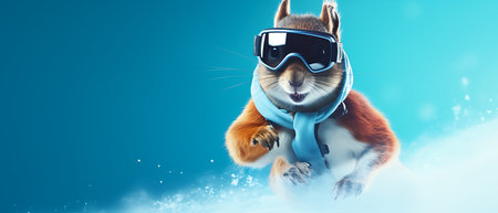 Funny squirrel in ski goggles and scarf isolated on background copy space winter concept.の素材