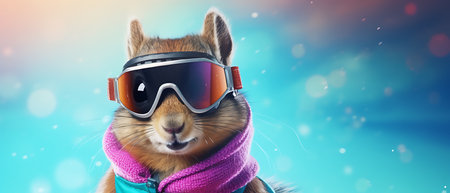 Funny squirrel in ski goggles and scarf isolated on background copy space winter concept.の素材