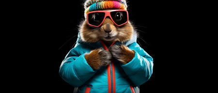 Funny squirrel in ski goggles and scarf isolated on background copy space winter concept.の素材