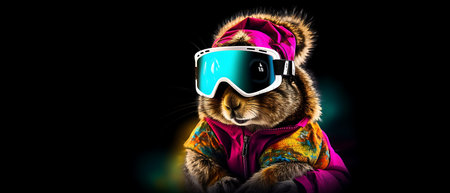Funny squirrel in ski goggles and scarf isolated on background copy space winter concept.の素材