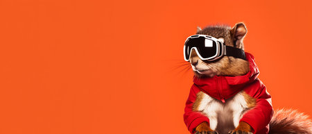 Funny squirrel in ski goggles and scarf isolated on background copy space winter concept.の素材