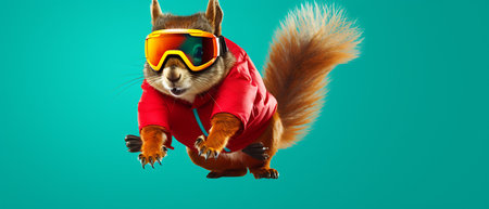 Funny squirrel in ski goggles and scarf isolated on background copy space winter concept.の素材