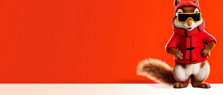 Funny squirrel in ski goggles and scarf isolated on background copy space winter concept.の素材