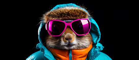 Funny squirrel in ski goggles and scarf isolated on background copy space winter concept.の素材