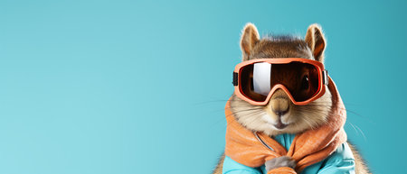 Funny squirrel in ski goggles and scarf isolated on background copy space winter concept.の素材
