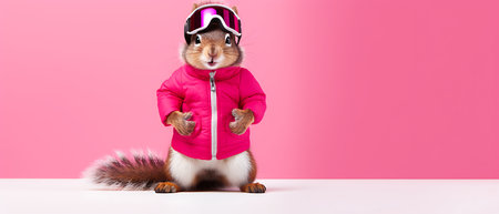 Funny squirrel in ski goggles and scarf isolated on background copy space winter concept.の素材