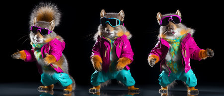 Funny squirrel in ski goggles and scarf isolated on background copy space winter concept.の素材