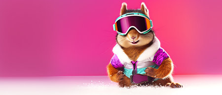 Funny squirrel in ski goggles and scarf isolated on background copy space winter concept.の素材