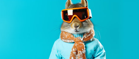 Funny squirrel in ski goggles and scarf isolated on background copy space winter concept.の素材