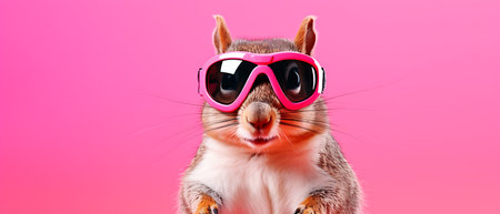 Funny squirrel in ski goggles and scarf isolated on background copy space winter concept.の素材