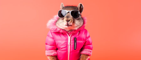 Funny squirrel in ski goggles and scarf isolated on background copy space winter concept.の素材