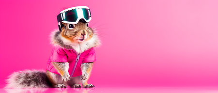 Funny squirrel in ski goggles and scarf isolated on background copy space winter concept.の素材