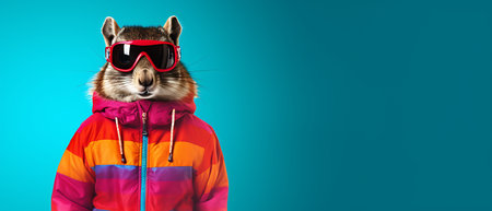 Funny squirrel in ski goggles and scarf isolated on background copy space winter concept.の素材