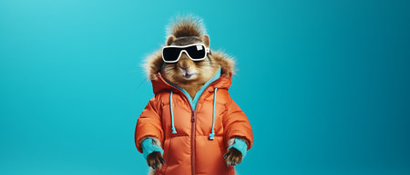 Funny squirrel in ski goggles and scarf isolated on background copy space winter concept.の素材