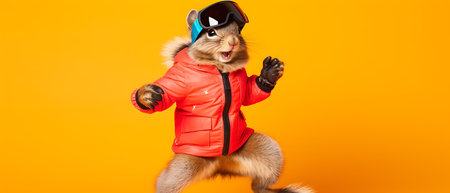 Funny squirrel in ski goggles and scarf isolated on background copy space winter concept.の素材