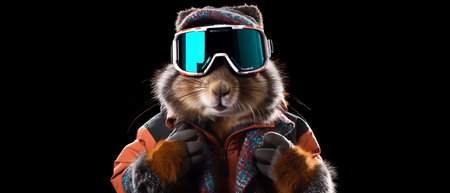 Funny squirrel in ski goggles and scarf isolated on background copy space winter concept.の素材