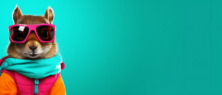 Funny squirrel in ski goggles and scarf isolated on background copy space winter concept.の素材